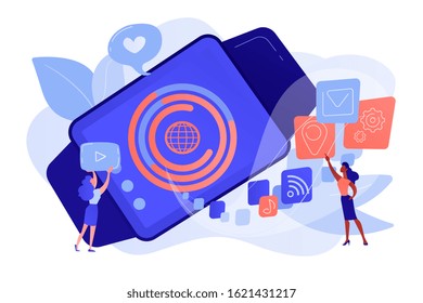 Smartwatch with applications icons and users. Smartwatch app, smartwatch development and smartwatch software concept on white background. Pinkish coral bluevector isolated illustration