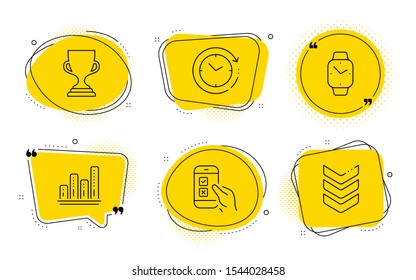 Smartwatch, Award cup and Shoulder strap signs. Chat bubbles. Mobile survey, Graph chart and Time change line icons set. Phone quiz test, Growth report, Clock. Digital time. Education set. Vector