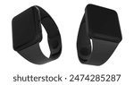 Smartwatch with blank screen and black wrist band side angle view. Realistic 3d vector set of electronic gadget mockup. Wearable intelligent wristwatch accessory for business and health care