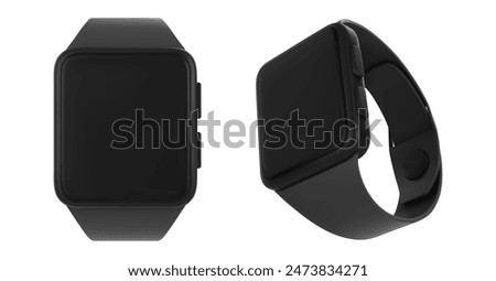 Smartwatch with blank screen and black wrist band front and side angle view. Realistic 3d vector set of electronic gadget mockup. Wearable intelligent wristwatch accessory for business and health care