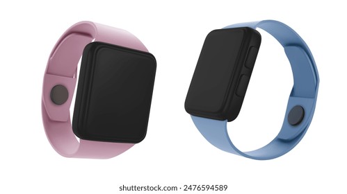 Reloj inteligente con pantalla en blanco y banda de muñeca de color vista lateral angular. Conjunto de Vector 3D realista de maqueta de gadget electrónico. Accesorio de reloj de pulsera inteligente portátil para negocios y atención médica