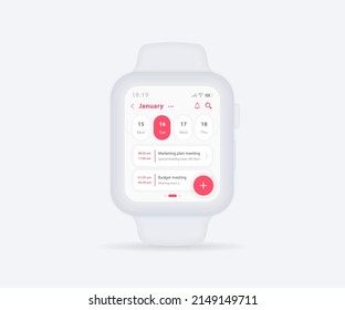 Smartwatch calendar planner app concept, Activity calendar clock UI UX, Wristwatch calendar schedule agenda annual planning meeting application, Calendar events, Appointment, Event fitness, Vector