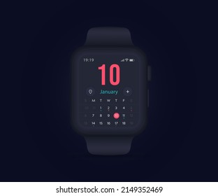 Smartwatch calendar planner app concept, Activity calendar clock UI UX, Wristwatch calendar schedule agenda annual planning meeting application, Calendar events, Appointment, Event fitness, Vector