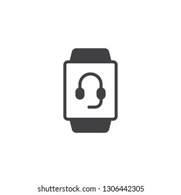 Smartwatch call service vector icon. filled flat sign for mobile concept and web design. Smart watch screen with headset simple solid icon. Symbol, logo illustration. Pixel perfect vector graphics