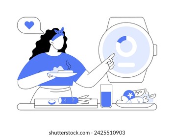 Smartwatch calorie tracking ilustraciones aisladas de dibujos animados vectoriales. Persona que comprueba calorías utilizando reloj inteligente, estilo de vida saludable, tecnología móvil, control de nutrición vector de dibujos animados.
