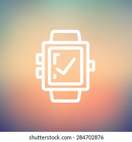 Smartwatch with check sign icon thin line for web and mobile, modern minimalistic flat design. Vector white icon on gradient mesh background.