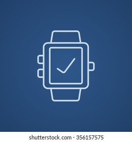 Smartwatch with check sign line icon for web, mobile and infographics. Vector light blue icon isolated on blue background.