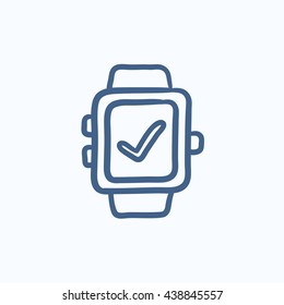 Intelligente Uhr mit Scheckzeichen, Vektorgrafik Symbol einzeln auf Hintergrund. Handgezeichnete Smart-Uhr mit Scheck-Symbol. Intelligente Uhr mit dem Skizzensymbol für Infografik, Website oder App.