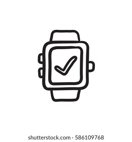 Smartwatch with check sign vector sketch icon isolated on background. Hand drawn Smartwatch with check sign icon. Smartwatch with check sign sketch icon for infographic, website or app.