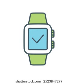 Smartwatch checkmark. Smartwatch with a green strap displaying a checkmark on the screen, symbolizing completion, success, and achievement.