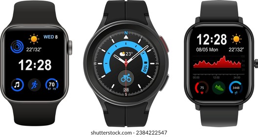 Colección Smartwatch, íconos realistas aislados en blanco, artilugios electrónicos de tecnología, ilustración vectorial de reloj de pulsera, conjunto de bandas electrónicas modernas e interesantes.