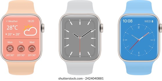 Colección Smartwatch, íconos realistas aislados en blanco, artilugios electrónicos de tecnología, ilustración vectorial de reloj de pulsera, conjunto de bandas electrónicas modernas e interesantes.