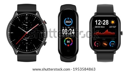 Smartwatch collection, realistic icons isolated on white, technology electronic gadgets, wrist watch vector illustration, interesting modern electronic bands set. 商業照片 © 