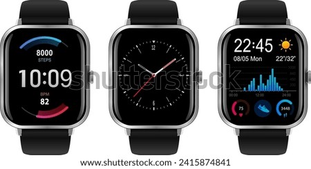 Smartwatch collection, realistic wrist watches isolated on white, vector illustration.