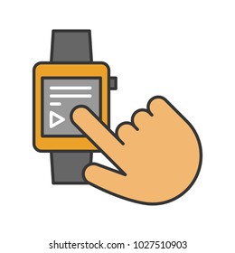 Smartwatch color icon. Digital wristwatch. Hand installing smart watch app. Isolated vector illustration