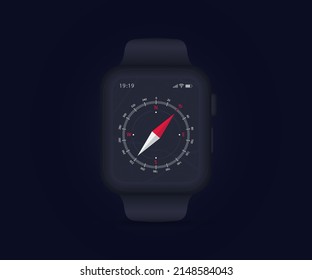 Smart watch Compass App UI UX GUI Konzept, Map GPS App auf dem Bildschirm Navigation, Wetter beobachten, Anwendungskompass für Navigator, App Karte, North West South East Navigationstechnologie, Vektorgrafik