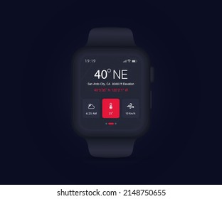 Smartwatch Compass app UI UX GUI wristwatch, Map GPS app on screen navigation, watch weather, application compass for navigator, app map, North West South East navigate technology, Vector illustration