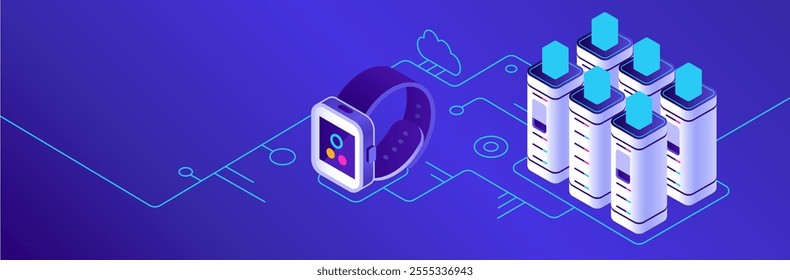 Smartwatch connecting and transferring data to a cloud server database, illustrating the advancement of technology and wearable devices in a digitally interconnected world