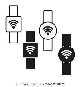 Smartwatch connectivity icons. Wireless technology wearable devices vector set. Black and white smartwatches with WiFi signal.