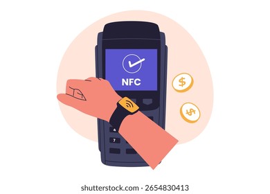 Pagamento sem contato Smartwatch no terminal POS. Ilustrações para sites, landing pages, aplicativos móveis, cartazes e banners
