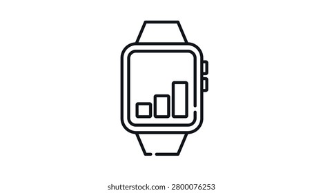 Smartwatch data analytics icon: wearable smart watch displaying activity bar chart on screen, minimalist black line art vector illustration for fitness tracking.