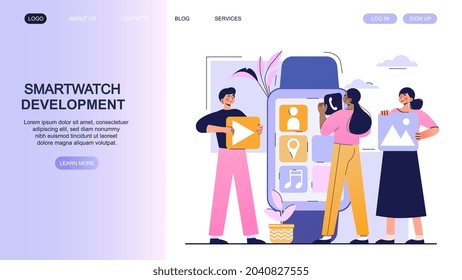 Concepto de desarrollo de Smartwatch. Grupo de personas desarrollando nueva aplicación. Trabajar en dispositivos modernos. Diseño de la página de inicio para el sitio web. Dibujo vectorial plano de dibujos animados aislado en fondo blanco