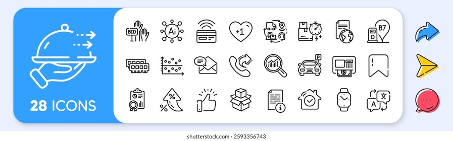 Smartwatch, Diesel station and Bid offer line icons. Interest rate, AI generate, Inflation icons. Pack of Atm, Manual, New mail icon. Ram, Translate, Data analysis pictogram. Vector