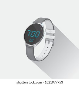 Smartwatch with digital display. Hand watch showing time and incoming message. 