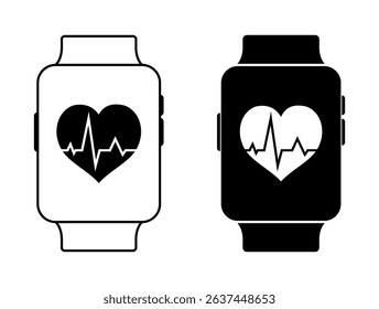 Smartwatch display with heart and cardiogram. Smartwatch with heart rate monitor for health and fitness tracking. Vector illustrations EPS10