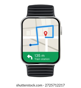 smartwatch zeigt gps navigation map interface mit route path und location pin tragbares technologiekonzept für reise richtung und lage tracking app design