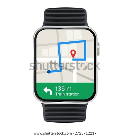 smartwatch displaying gps navigation map interface with route path and location pin wearable technology concept for travel direction and location tracking app design