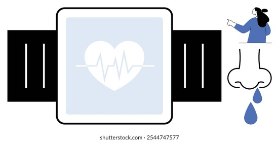 Relógio inteligente exibindo um coração com uma linha ECG, uma pessoa espirrando ou tossindo e um nariz com gotas. Ideal para saúde, tecnologia, sintomas de doença, controle de fitness e dispositivos inteligentes. Moderno, plano