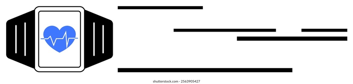 Smartwatch displaying a heart with a heartbeat line and multiple horizontal lines suggesting data transfer. Ideal for health monitoring, fitness tracking, technology, connectivity, and medical