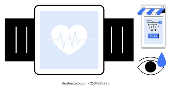 A smartwatch displaying a heart rate monitor icon, a smartphone with a shopping cart, and an eye with a teardrop. Ideal for health monitoring, online shopping, wearable tech, visual sensing