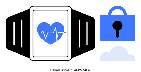 A smartwatch displaying a heart rate monitor alongside a blue lock icon and a cloud. Ideal for topics like health monitoring, wearable technology, data security, fitness apps, and cloud storage