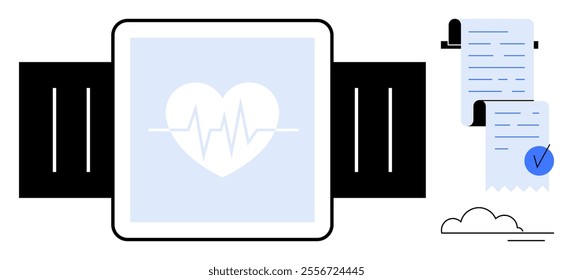 Smartwatch displaying a heart rate symbol, a medical report with a checkmark, and a cloud. Ideal for health tracking, medical technology, fitness, data monitoring, and smart devices. Simplistic