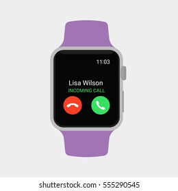 Smartwatch displaying incoming call. Modern flat vector illustration.