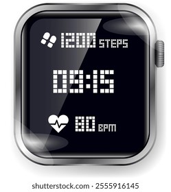 A smartwatch face featuring a retro pixelated design displaying time, step counter, and heart rate monitor.