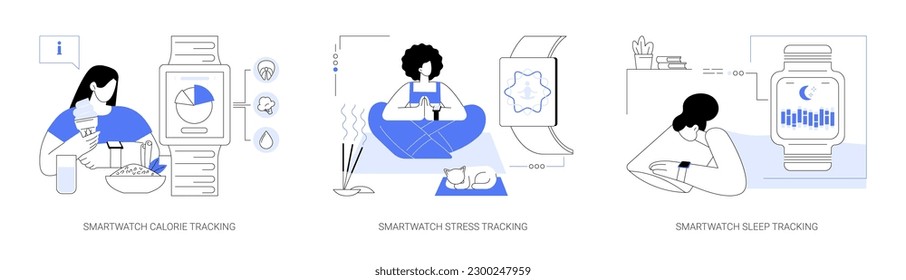 Smartwatch features abstract concept vector illustration set. Calorie tracking, healthy lifestyle gadget, person check stress level with application, sleeping app, pulse indicator abstract metaphor.