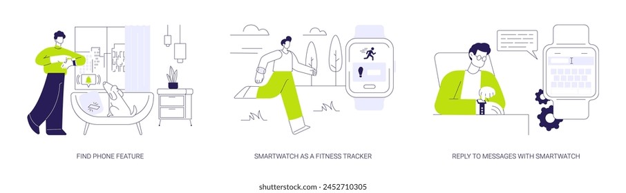 Smartwatch features abstract concept vector illustration set. Find phone feature, smartwatch as a fitness tracker, reply to messages with smartwatch, wireless connection abstract metaphor.
