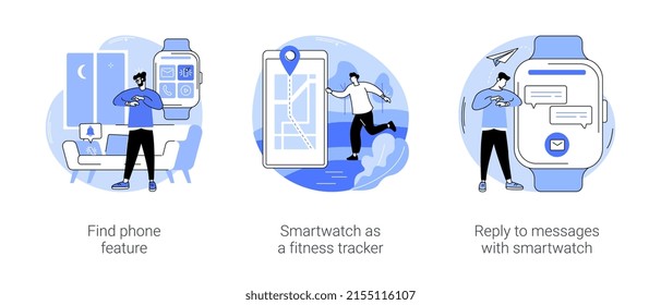 Smartwatch features isolated cartoon vector illustrations set. Find phone feature, smartwatch as a fitness tracker, reply to messages with smartwatch, wireless connection vector cartoon.