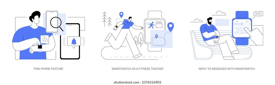 Smartwatch features isolated cartoon vector illustrations set. Find phone feature, smartwatch as a fitness tracker, reply to messages with smartwatch, wireless connection vector cartoon.