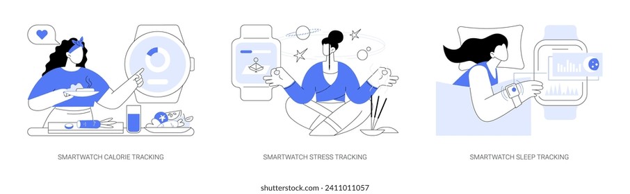 Smartwatch features isolated cartoon vector illustrations set. Calorie tracking, healthy lifestyle gadget, person check stress level with application, sleeping app, pulse indicator vector cartoon.