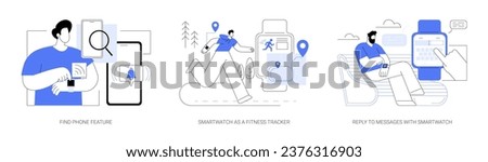 Smartwatch features isolated cartoon vector illustrations set. Find phone feature, smartwatch as a fitness tracker, reply to messages with smartwatch, wireless connection vector cartoon.