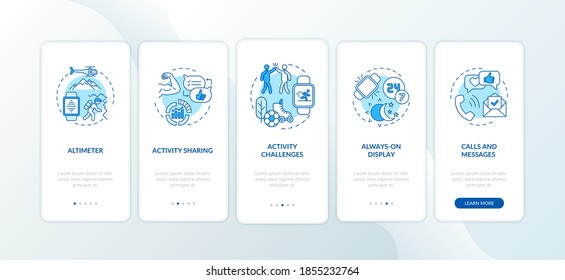 Smartwatch features onboarding mobile app page screen with concepts. Barometer, activity challenges walkthrough 5 steps graphic instructions. UI vector template with RGB color illustrations