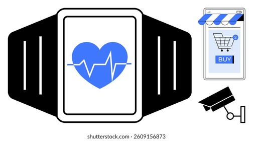 Smartwatch featuring a blue heart with an EKG line, online shopping on a mobile device, and a surveillance camera. Ideal for technology, health, security, e-commerce, smart devices. Simple vector