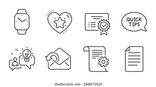 Smartwatch, File and Ranking star line icons set. Certificate, Quickstart guide and Technical documentation signs. Send mail, Idea symbols. Digital time, Paper page, Love rank. Education set. Vector