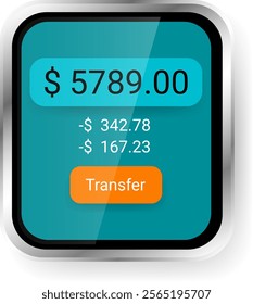 A smartwatch financial interface design showcasing the current balance, recent transactions, and a prominent transfer button with a vibrant teal and orange color scheme