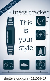 Smartwatch. Fitness tracker.  Activity tracker. Vector promotion infographic. Key features are shown as icons. 
