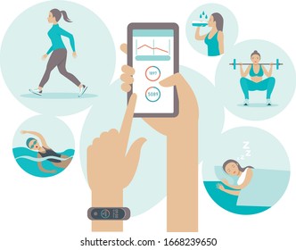 Smartwatch fitness band  tracker concept in flat style vector illustration 